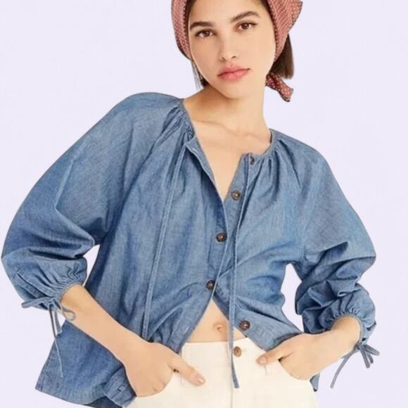 J. CREW Re-Imagined Tie-Sleeve Button Up Chambray Peasant Sleeve Shirt Top - S - Picture 1 of 8